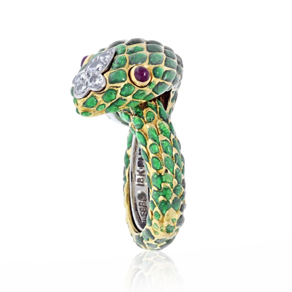 David Webb Platinum & 18K Yellow Gold Green Enamel Ruby Eyes Serpent Ring - The Back Vault