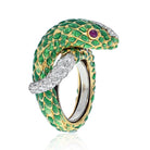 David Webb Platinum & 18K Yellow Gold Green Enamel Ruby Eyes Serpent Ring - The Back Vault