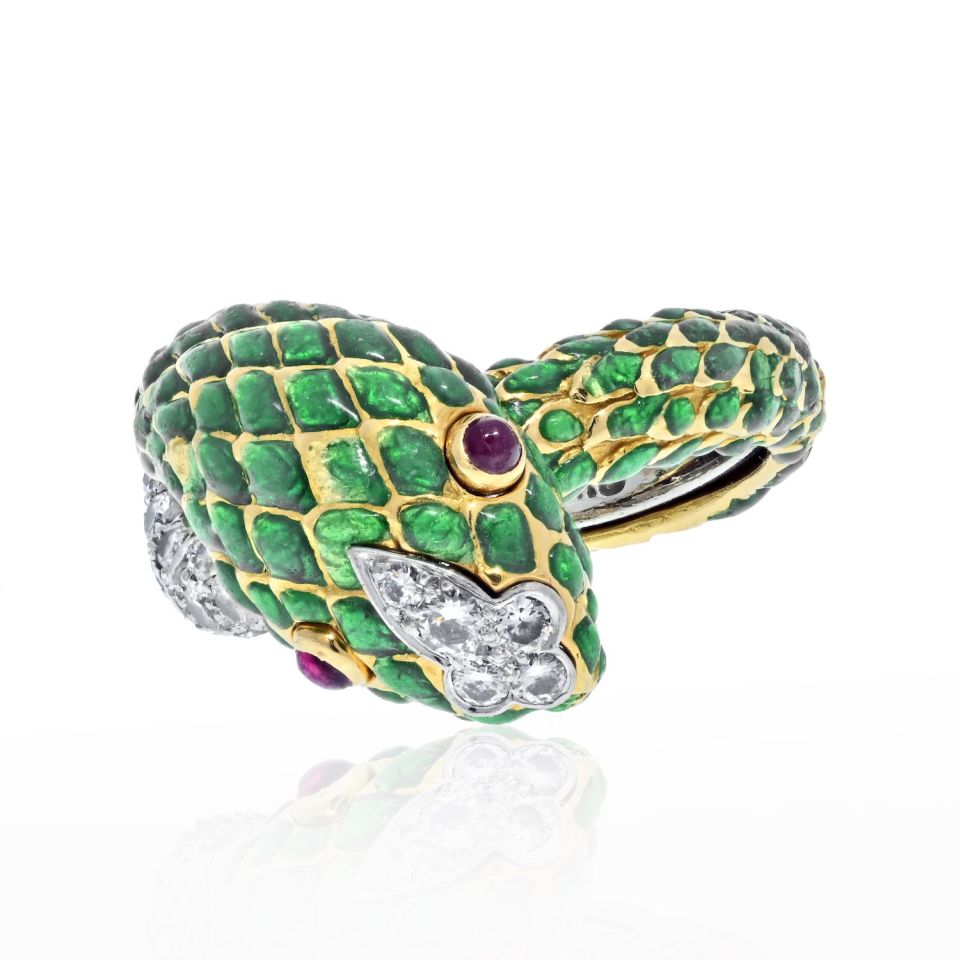 David Webb Platinum & 18K Yellow Gold Green Enamel Ruby Eyes Serpent Ring - The Back Vault