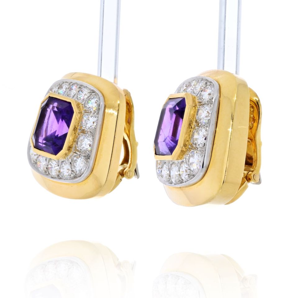 David Webb Platinum & 18K Yellow Gold Cushion Cut Amethyst And Diamond Clip On Earrings - The Back Vault