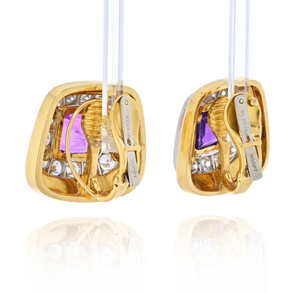 David Webb Platinum & 18K Yellow Gold Cushion Cut Amethyst And Diamond Clip On Earrings - The Back Vault