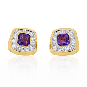 David Webb Platinum & 18K Yellow Gold Cushion Cut Amethyst And Diamond Clip On Earrings