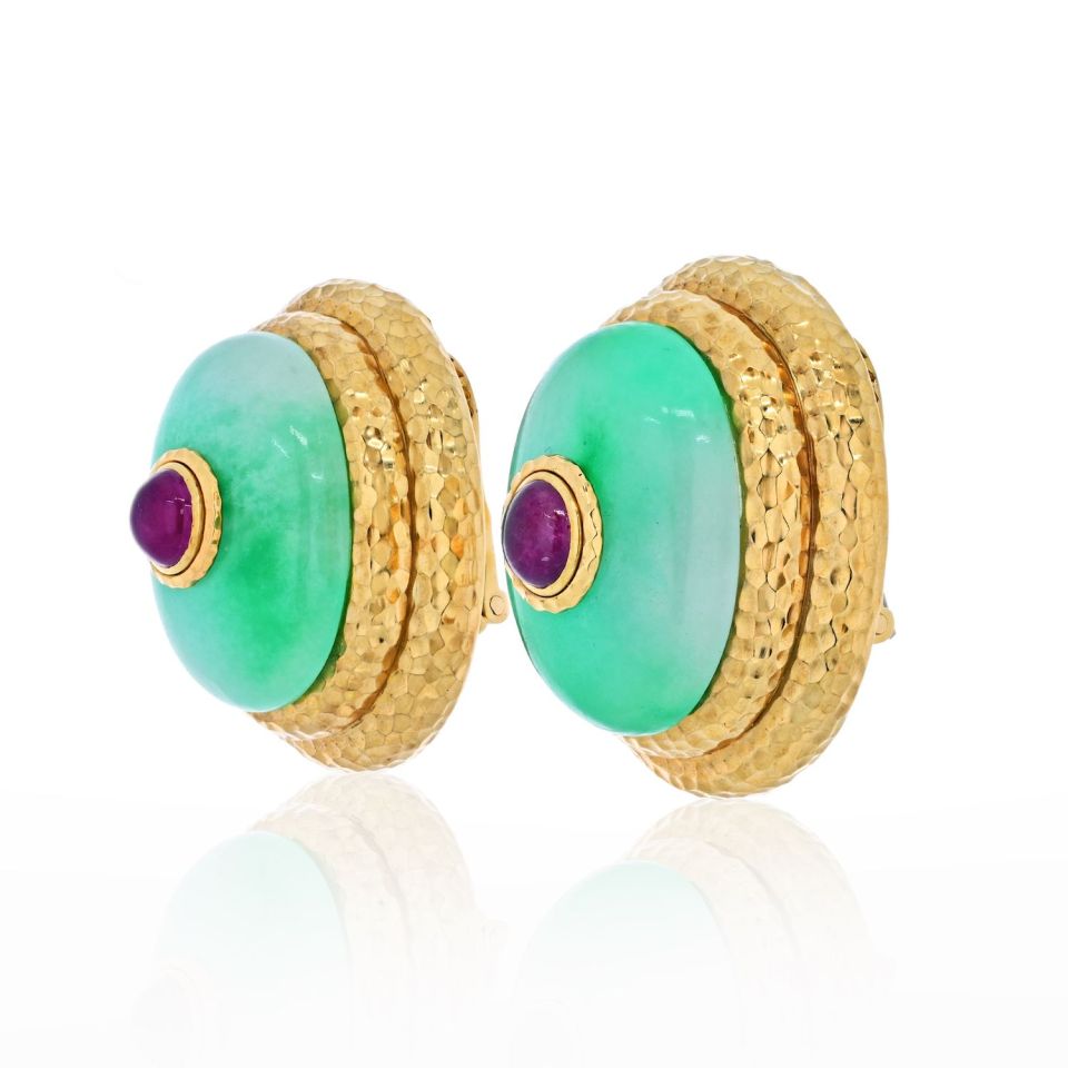 David Webb Platinum & 18K Yellow Gold Large Oversized Jade Ruby Clip On Earrings - The Back Vault