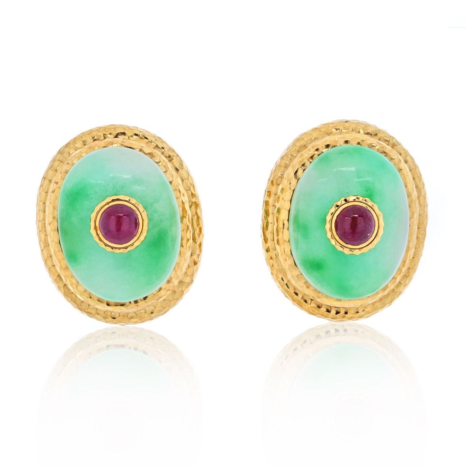 David Webb Platinum & 18K Yellow Gold Large Oversized Jade Ruby Clip On Earrings - The Back Vault