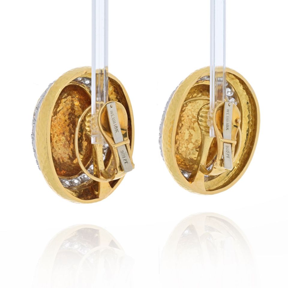 David Webb 18K Yellow Gold Large Dome Oval Button Signature Hammered Earrings - The Back Vault