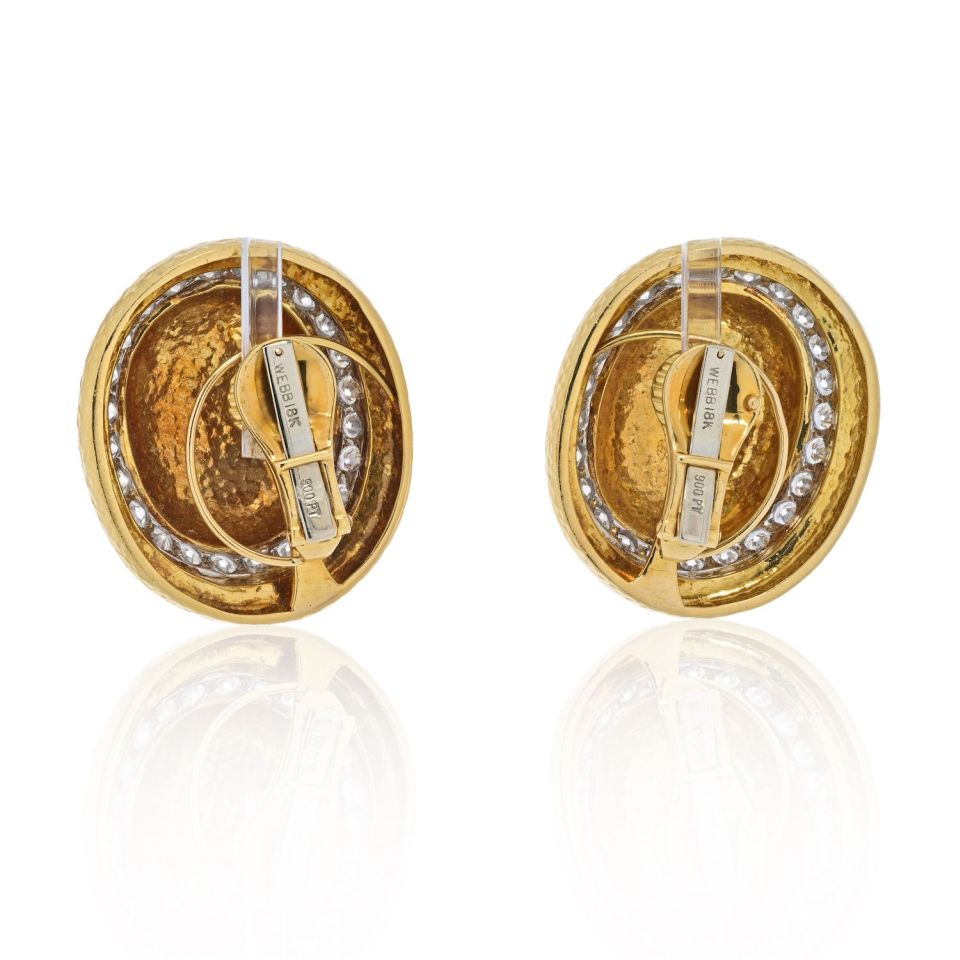 David Webb 18K Yellow Gold Large Dome Oval Button Signature Hammered Earrings - The Back Vault