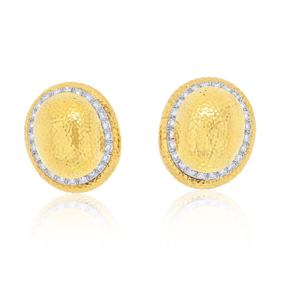 David Webb 18K Yellow Gold Large Dome Oval Button Signature Hammered Earrings - The Back Vault