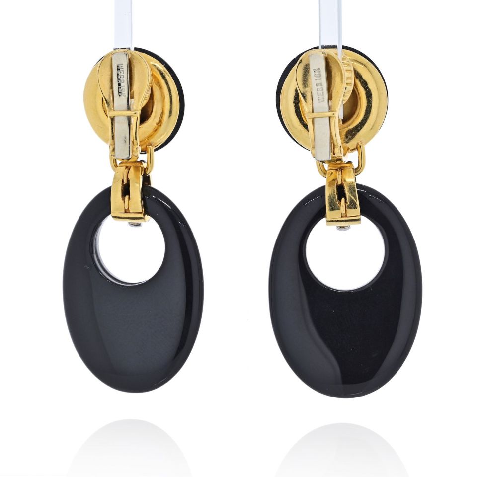 David Webb Platinum & 18K Yellow Gold Onyx And Coral Drop Door Knocker Earrings - The Back Vault