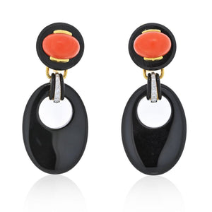 David Webb Platinum Onyx And Coral Drop Door Knocker Earrings