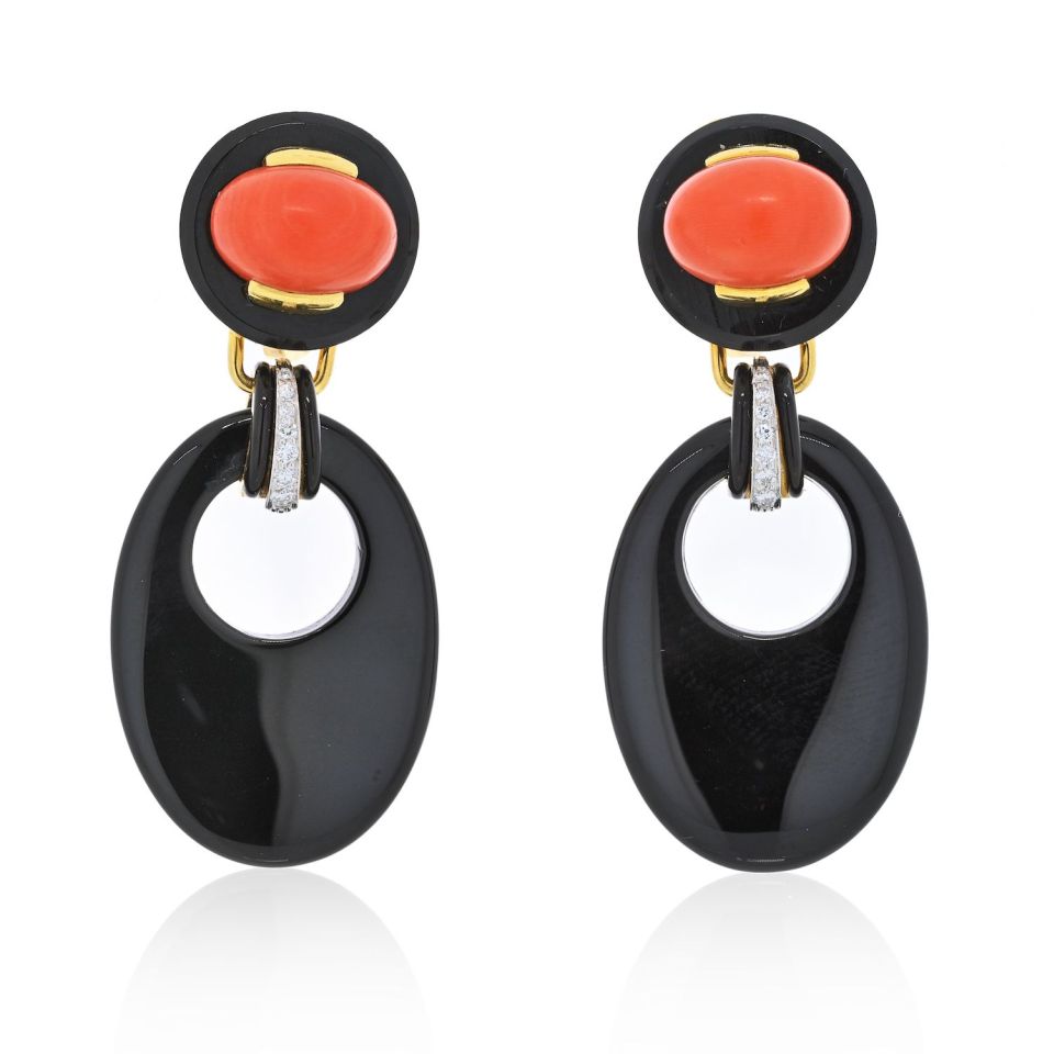 David Webb Platinum & 18K Yellow Gold Onyx And Coral Drop Door Knocker Earrings - The Back Vault