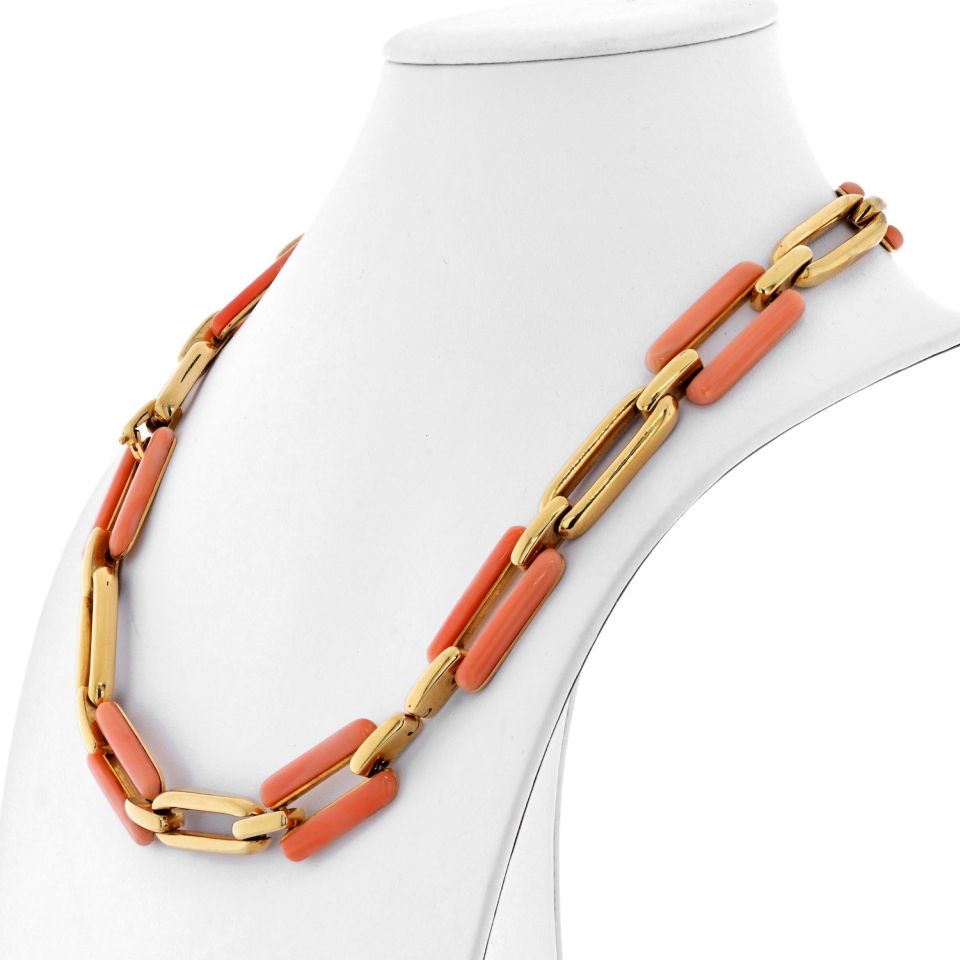 David Webb 18K Yellow Gold Coral And Gold Link Convertible Necklace - The Back Vault