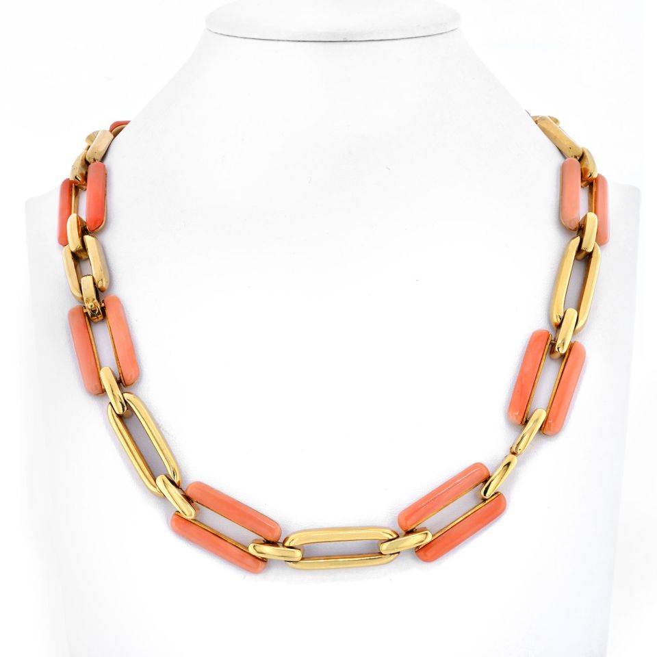 David Webb 18K Yellow Gold Coral And Gold Link Convertible Necklace - The Back Vault