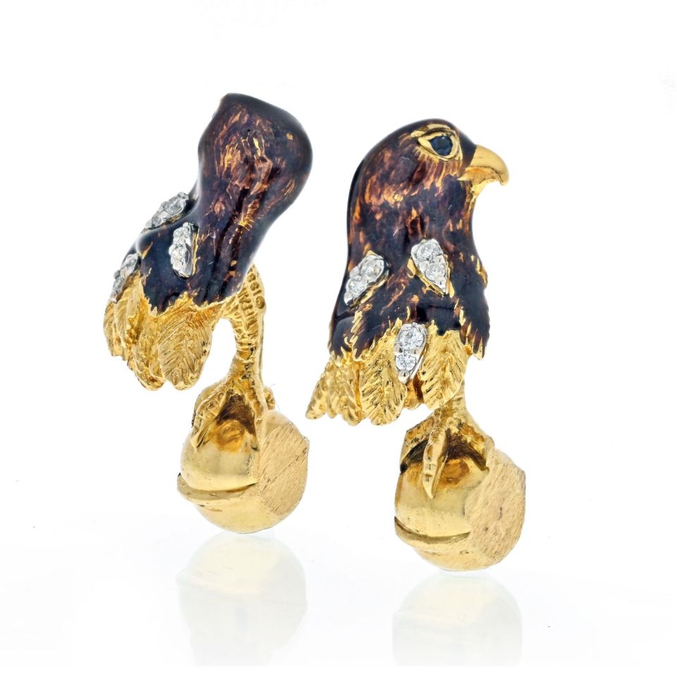 Tiffany & Co. 18K Yellow Gold Falcon Eagle Bird Enameled Cuff Links - The Back Vault