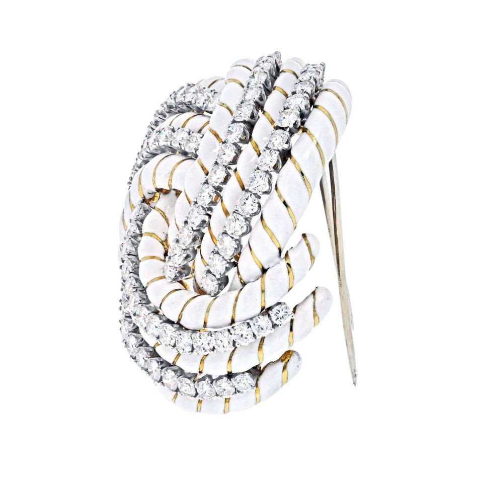 David Webb 18K Yellow Gold White Enamel And 8.00cttw Diamond Knot Brooch - The Back Vault