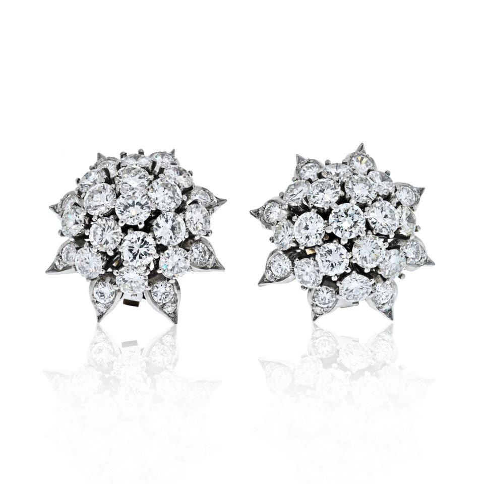 Platinum 12.00ctw Round Cut Diamond Cluster Earrings - The Back Vault