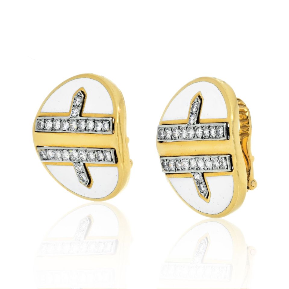 David Webb Platinum & 18K Yellow Gold White Enamel Diamond Metro Collection Earrings - The Back Vault