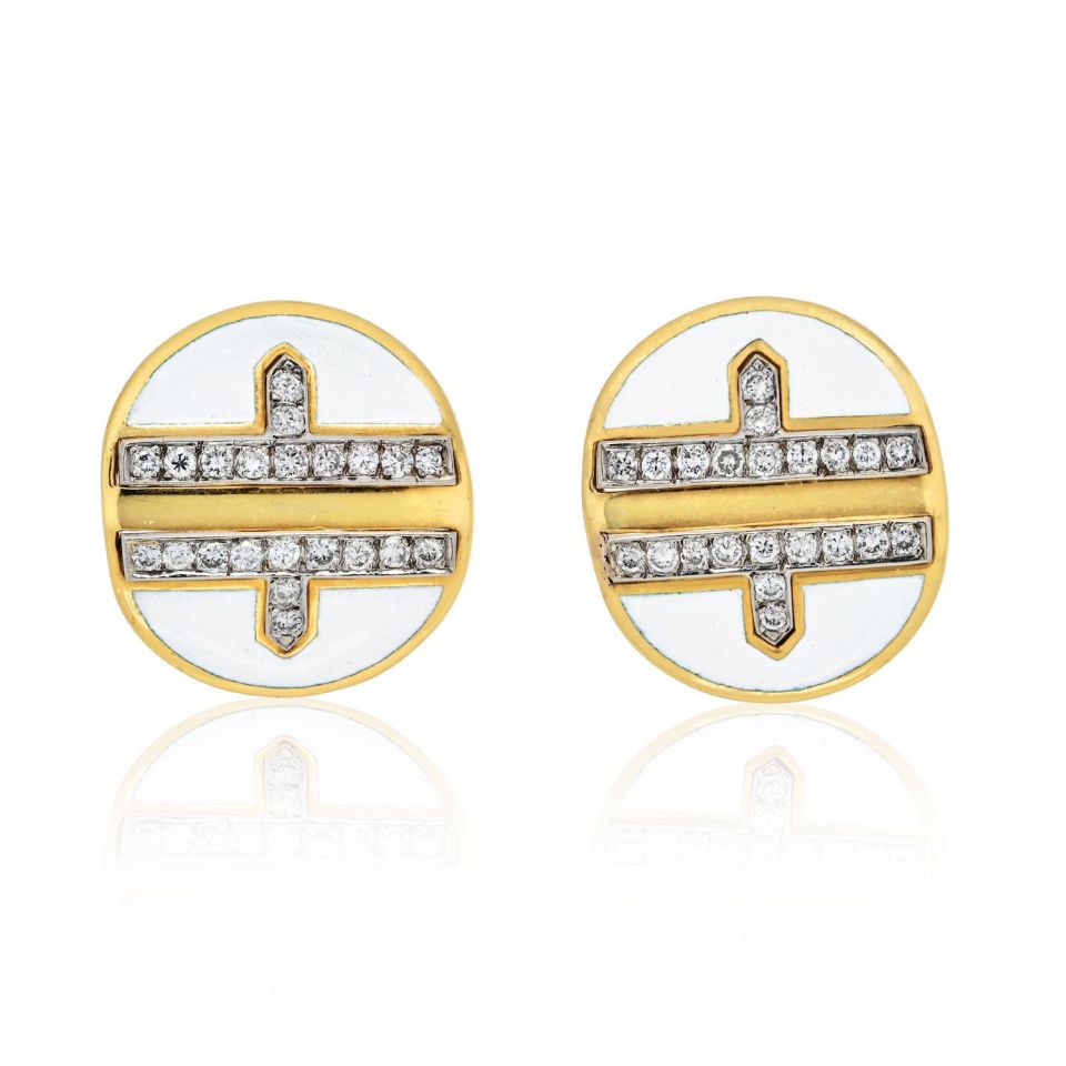 David Webb Platinum & 18K Yellow Gold White Enamel Diamond Metro Collection Earrings - The Back Vault