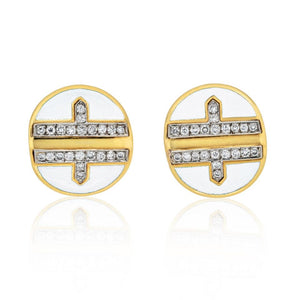 David Webb Platinum & 18K Yellow Gold White Enamel Diamond Metro Collection Earrings