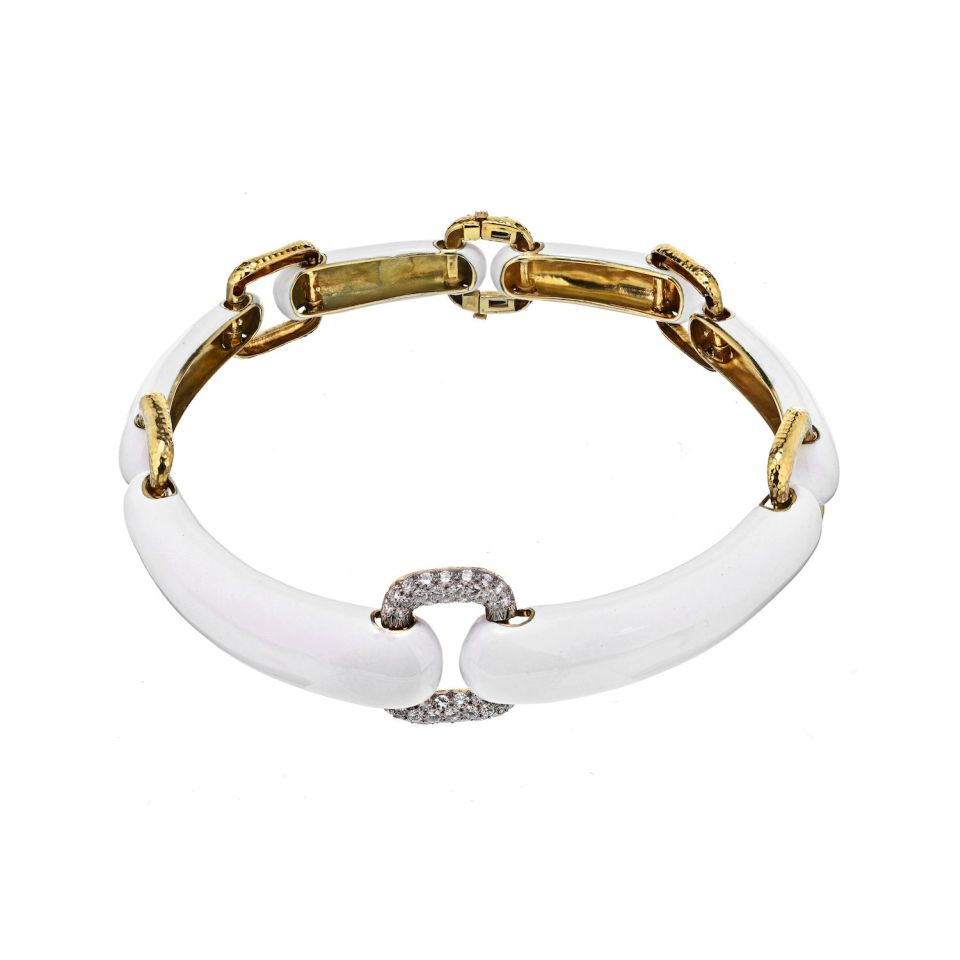 David Webb 18K Yellow Gold White Enamel Gold And Diamond Linked Collar Necklace - The Back Vault