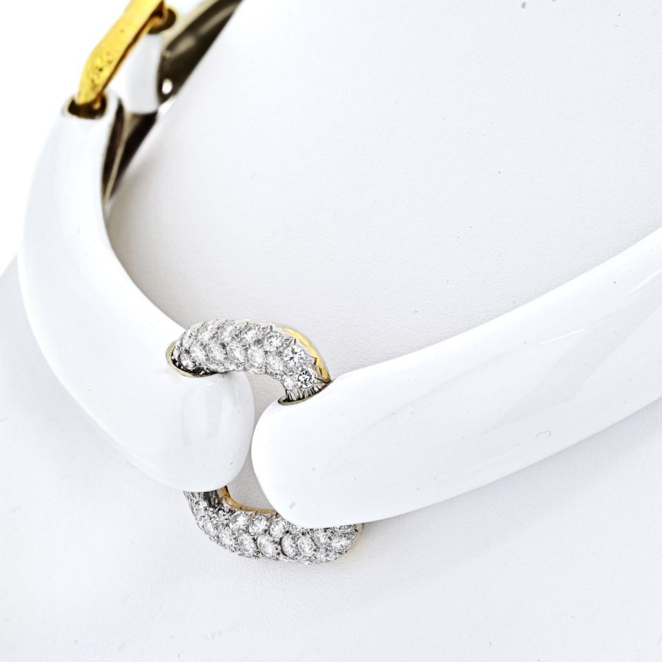 David Webb 18K Yellow Gold White Enamel Gold And Diamond Linked Collar Necklace - The Back Vault