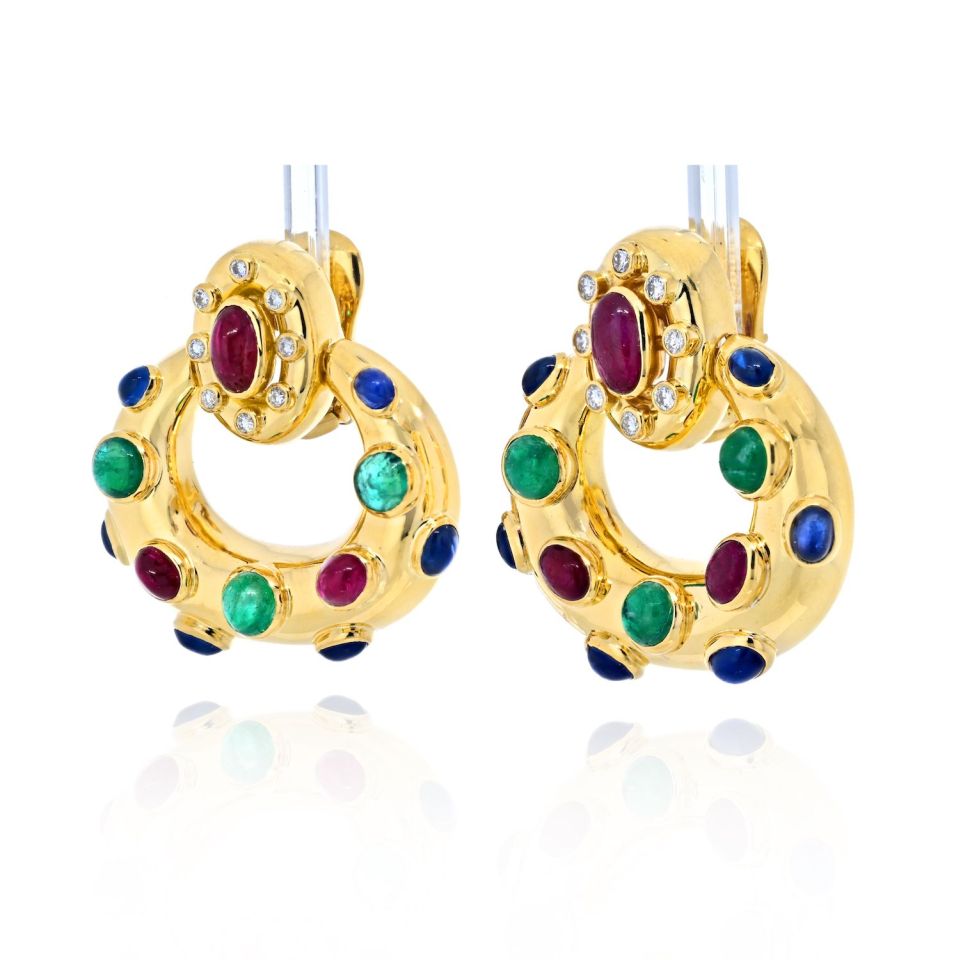 David Webb 18K White Gold Ruby, Emerald And Sapphire Door Knockers Earrings - The Back Vault