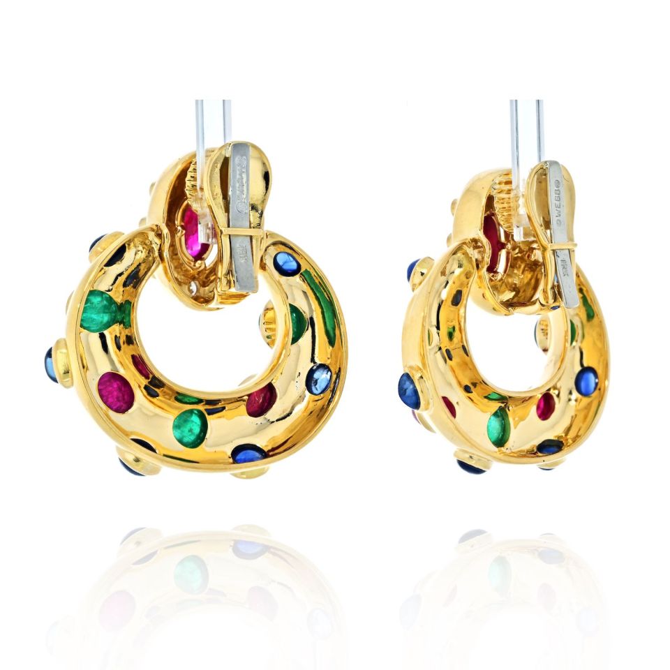 David Webb 18K White Gold Ruby, Emerald And Sapphire Door Knockers Earrings - The Back Vault