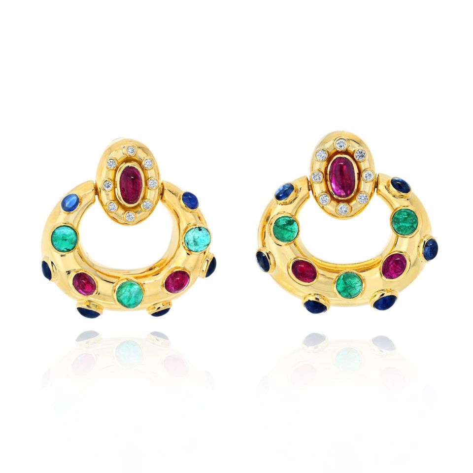 David Webb 18K White Gold Ruby, Emerald And Sapphire Door Knockers Earrings - The Back Vault