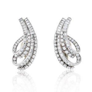 Platinum Twist Swirl Baguette And Round Cut Diamond Earrings