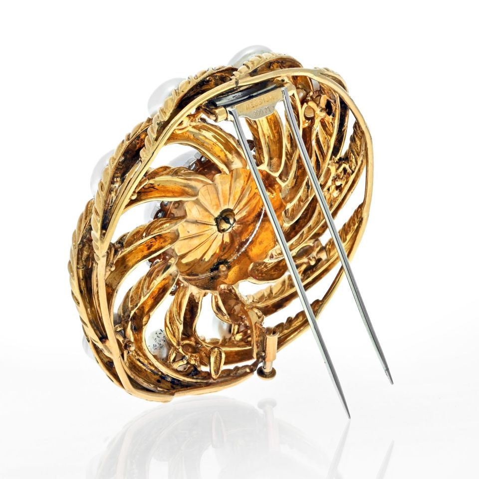 David Webb Platinum & 18K Yellow Gold Diamond And Pearl Circular Openwork Brooch - The Back Vault