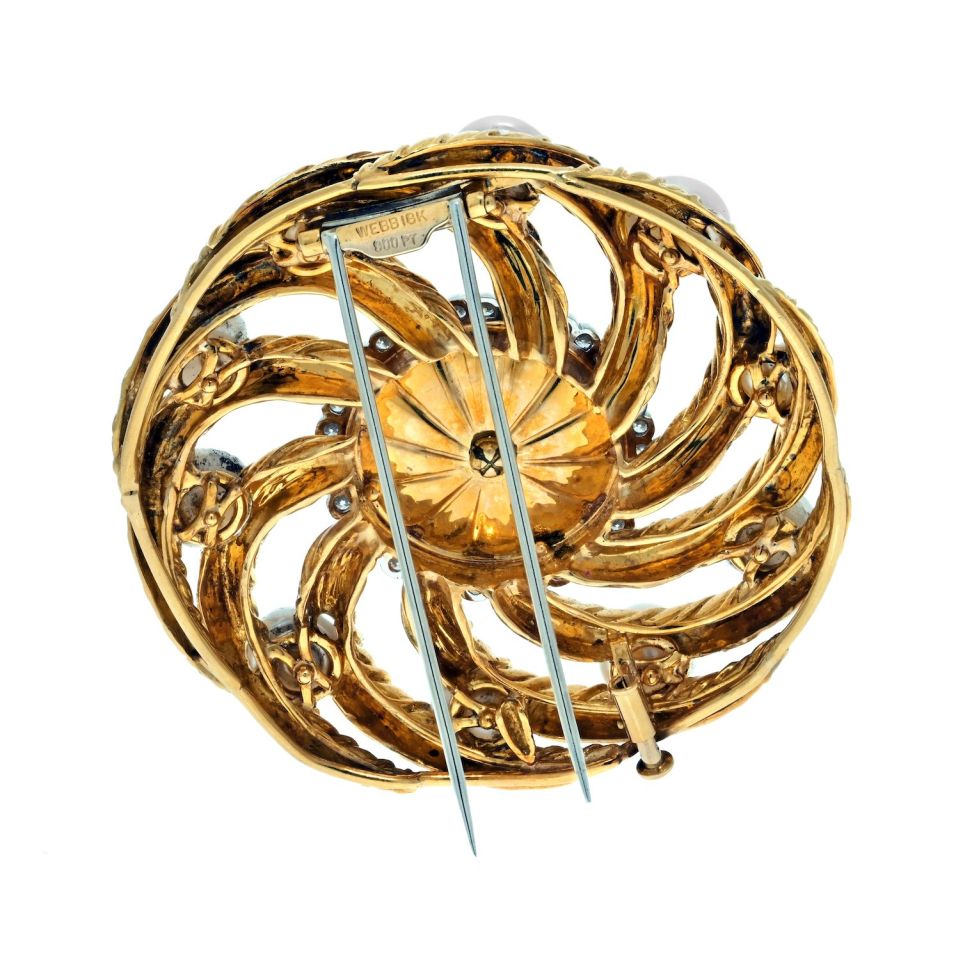 David Webb Platinum & 18K Yellow Gold Diamond And Pearl Circular Openwork Brooch - The Back Vault