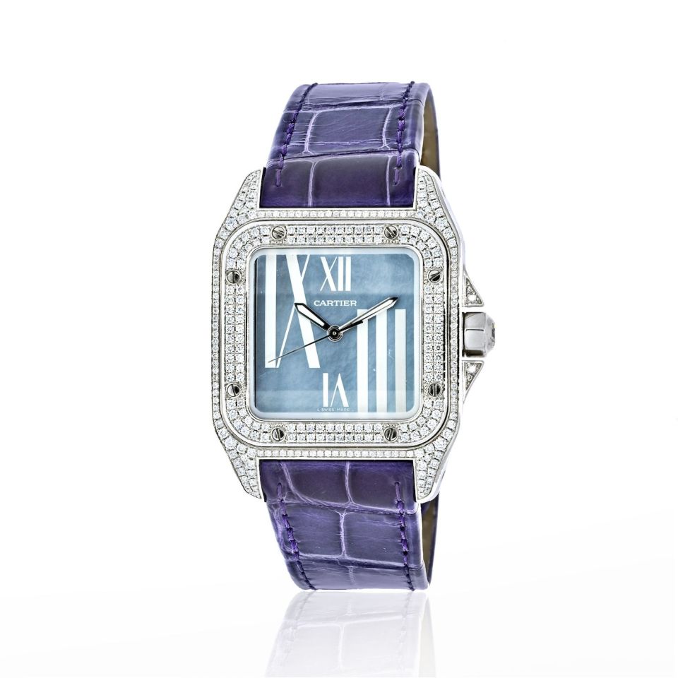 Cartier 18K White Gold Santos 100 Unisex White Gold Diamond Watch - The Back Vault