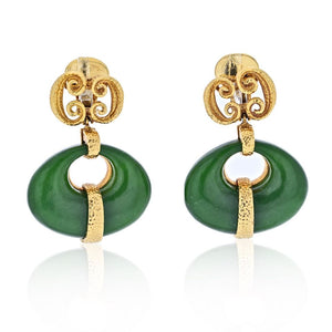 David Webb 18K Yellow Gold Scepter Jade And Hammered Gold Drop Dangling Earrings