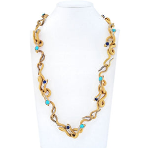 18K Yellow Gold Articulated Snakes With Turquoise, Lapis And Diamond Necklace