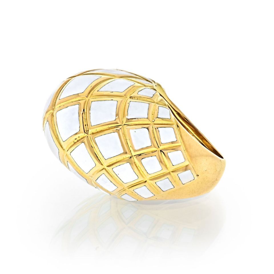 David Webb Platinum & 18K Yellow Gold White Enamel High Dome Ring - The Back Vault