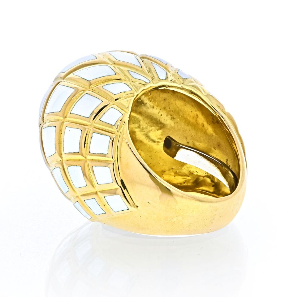 David Webb Platinum & 18K Yellow Gold White Enamel High Dome Ring - The Back Vault