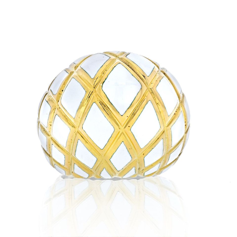 David Webb Platinum & 18K Yellow Gold White Enamel High Dome Ring - The Back Vault