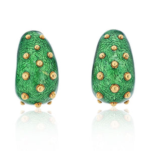 David Webb Platinum & 18K Yellow Gold Green Enamel Gold Beads Bombe Clip Earrings