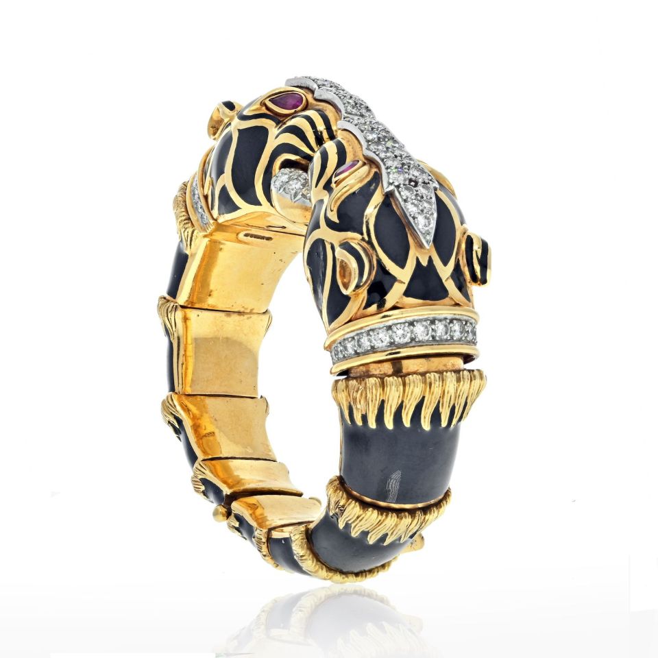 David Webb Platinum & 18K Yellow Gold Double Head Lion in Black Enamel Bracelet - The Back Vault