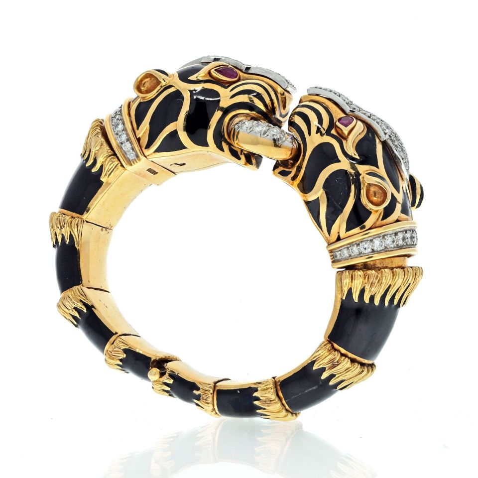 David Webb Platinum & 18K Yellow Gold Double Head Lion in Black Enamel Bracelet - The Back Vault