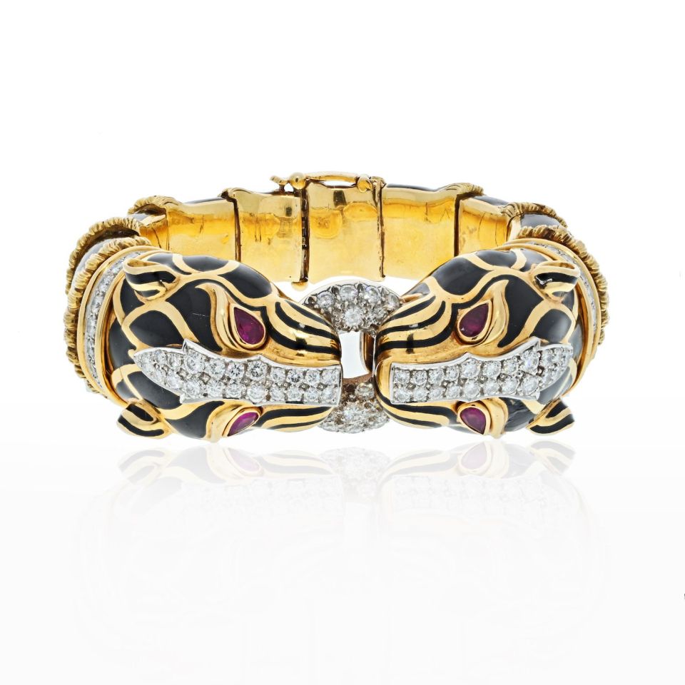 David Webb Platinum & 18K Yellow Gold Double Head Lion in Black Enamel Bracelet - The Back Vault