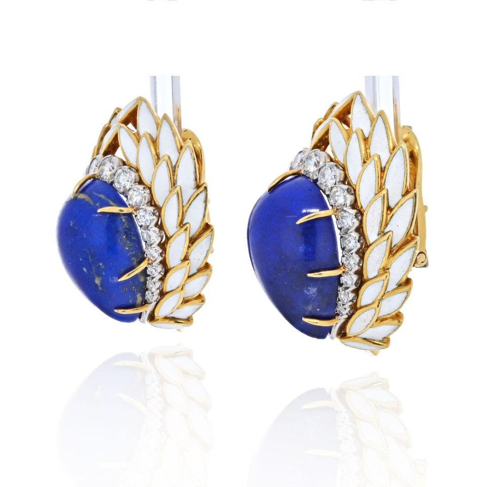 David Webb Blue Lapis, Diamonds and White Enamel Earrings - The Back Vault