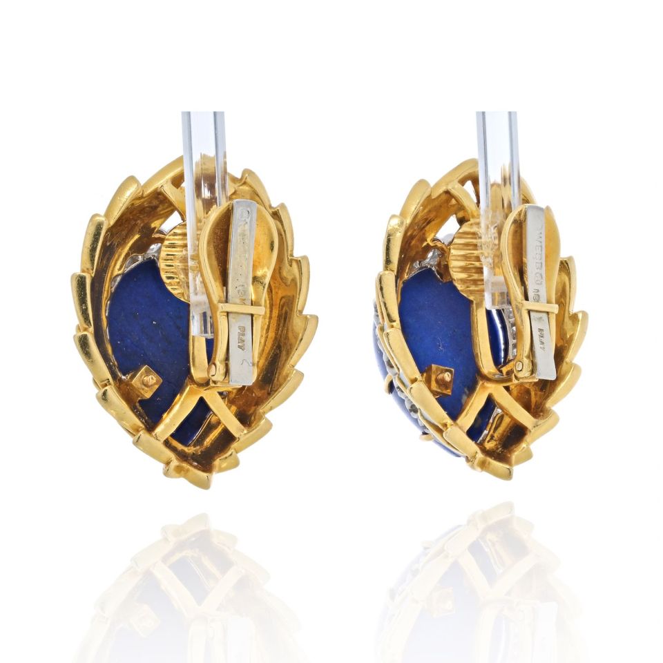 David Webb Blue Lapis, Diamonds and White Enamel Earrings - The Back Vault