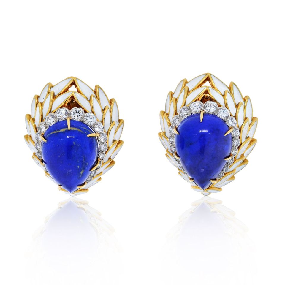 David Webb Blue Lapis, Diamonds and White Enamel Earrings - The Back Vault