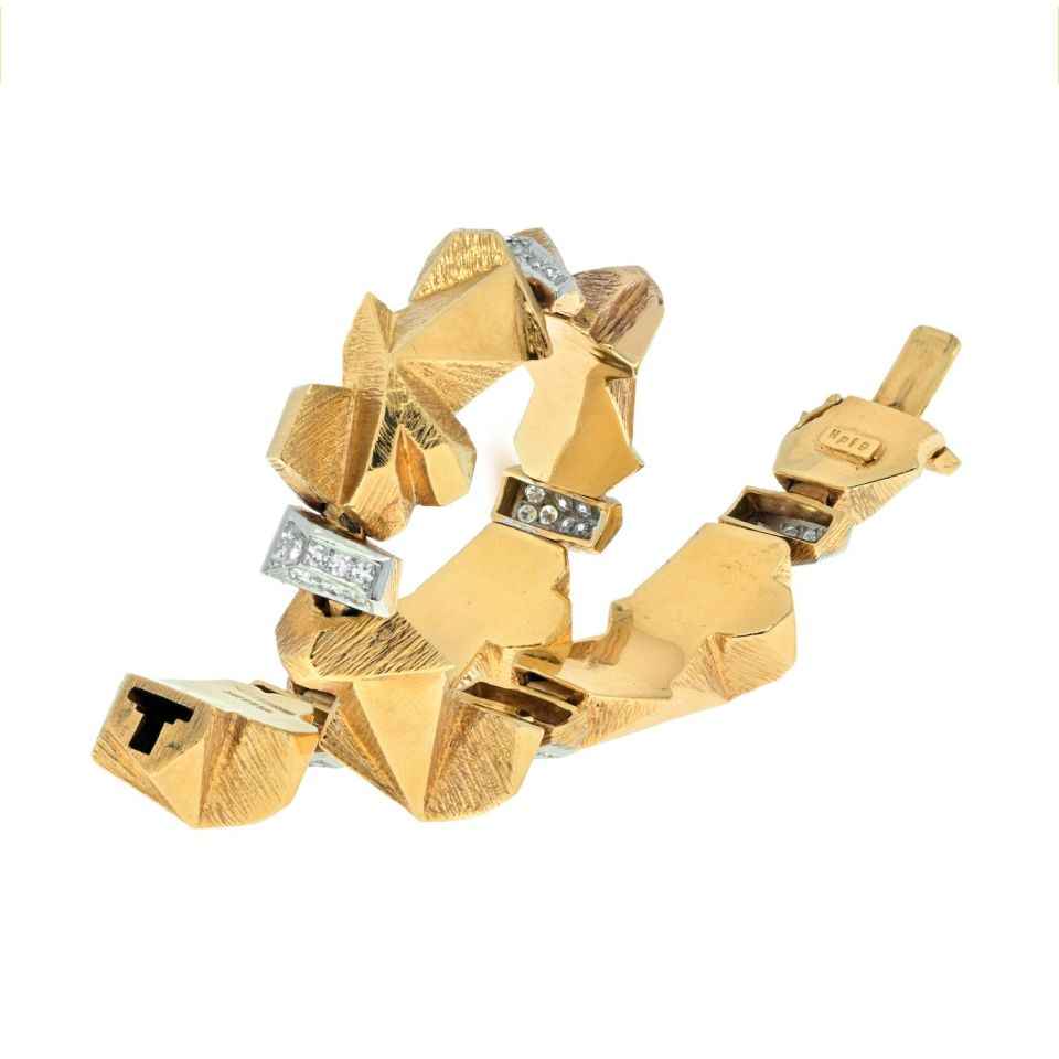 David Webb Platinum & 18K Yellow Gold Textured Nugget Diamond Link Bracelet - The Back Vault