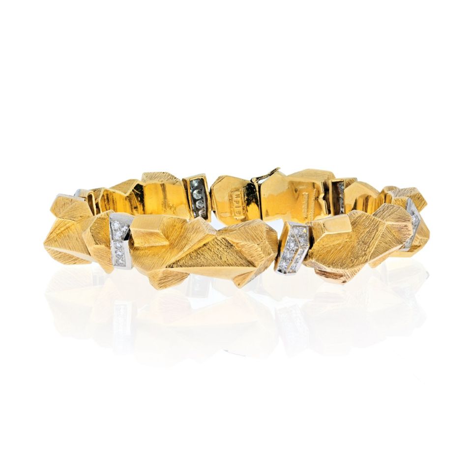 David Webb Platinum & 18K Yellow Gold Textured Nugget Diamond Link Bracelet - The Back Vault