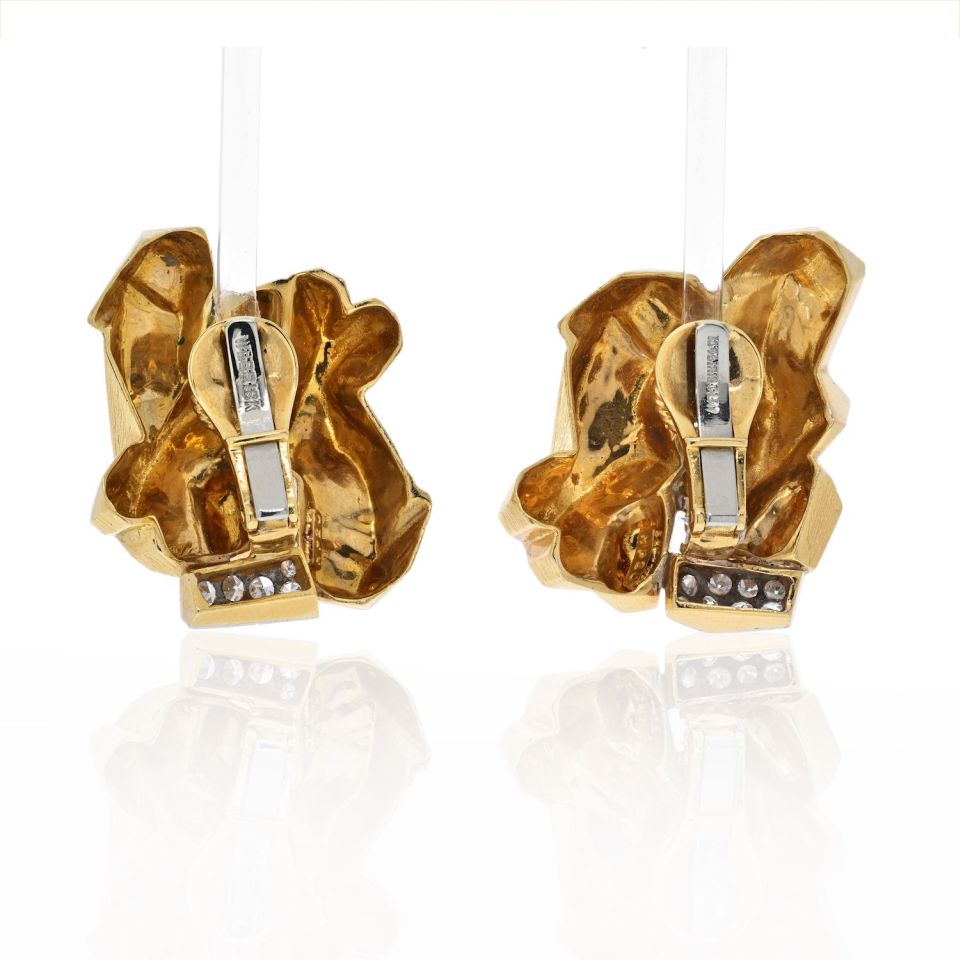 David Webb Platinum & 18K Yellow Gold Textured Nugget Diamond Slope Earrings - The Back Vault