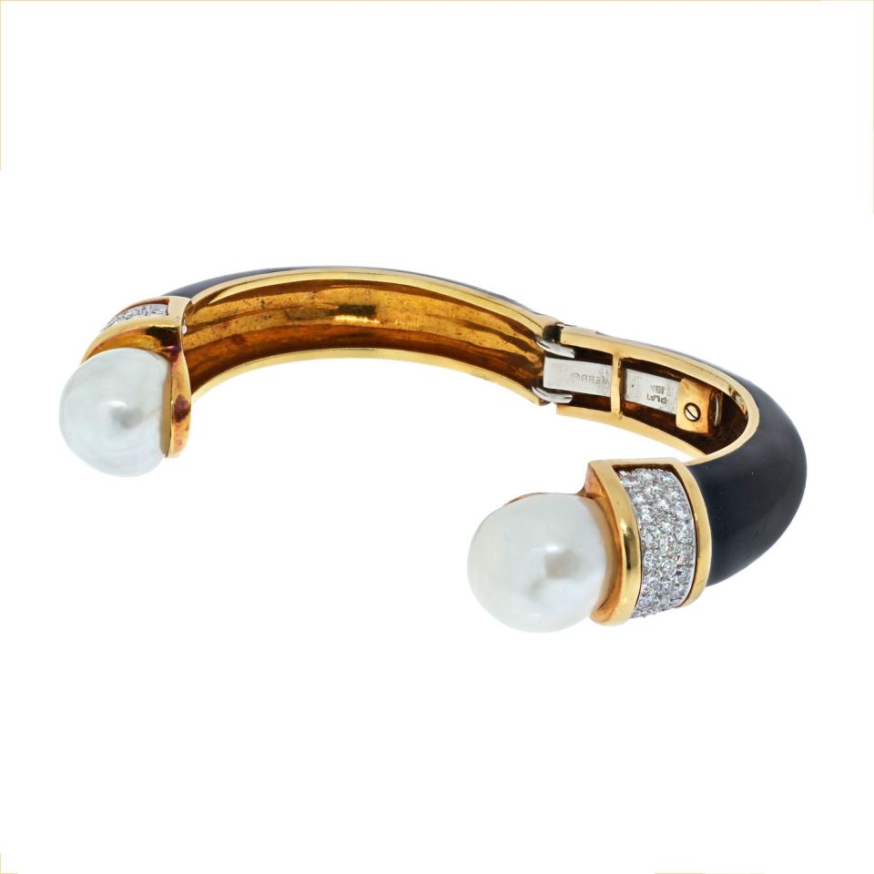 David Webb Platinum & 18K Yellow Gold Black Enamel And Pearl Diamond Bracelet - The Back Vault