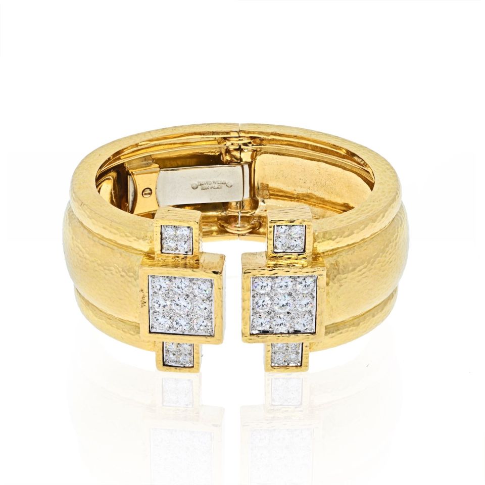 David Webb 18K Yellow Gold Hammered Wide Cuff With Diamonds Bracelet - The Back Vault