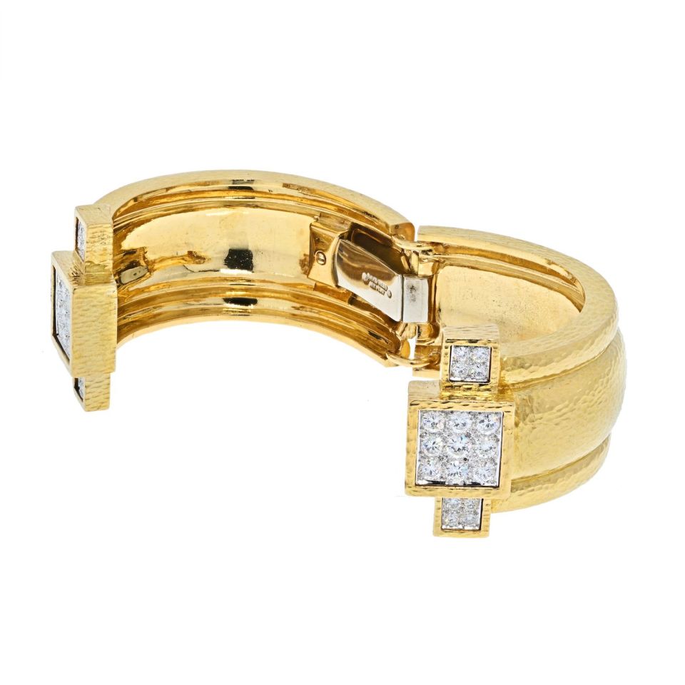 David Webb 18K Yellow Gold Hammered Wide Cuff With Diamonds Bracelet - The Back Vault