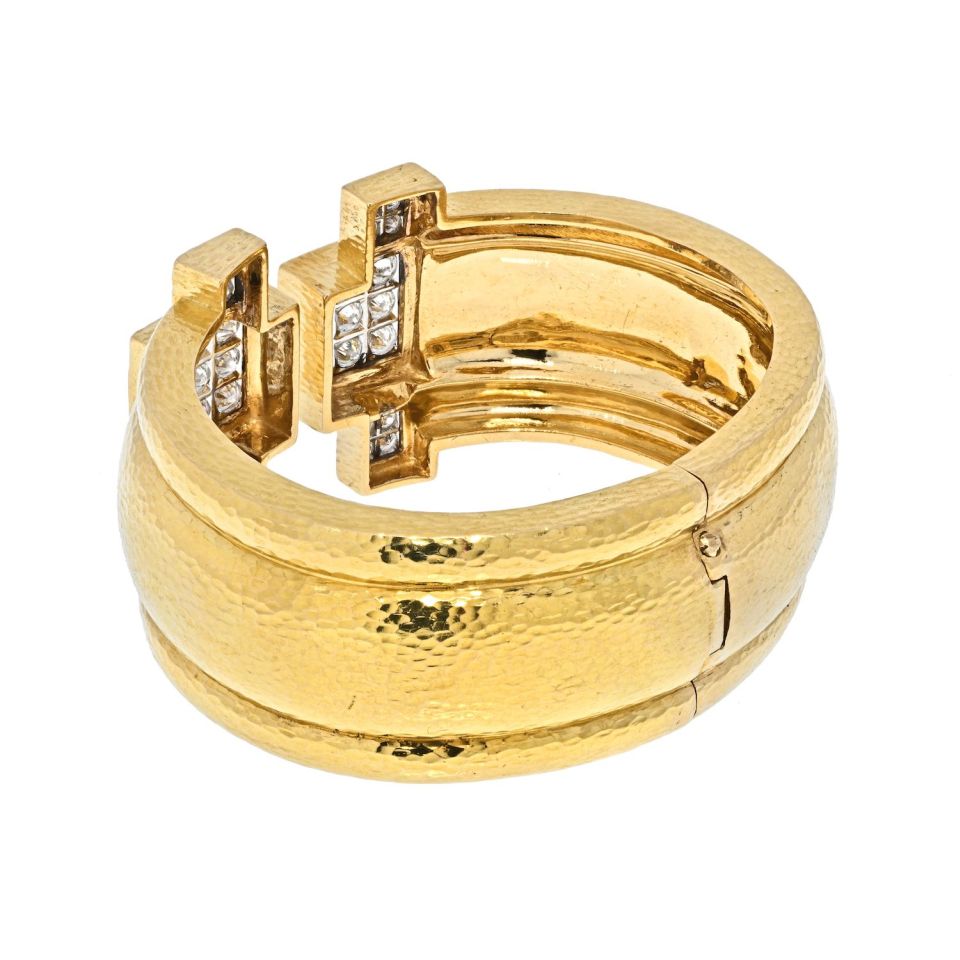 David Webb 18K Yellow Gold Hammered Wide Cuff With Diamonds Bracelet - The Back Vault